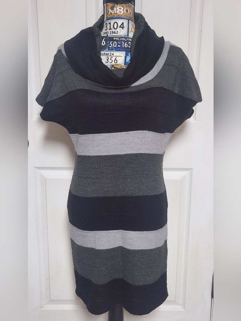 Women’s Medium Pink Rose Striped Cowl Neck Sweater Dress - Black & Gray
